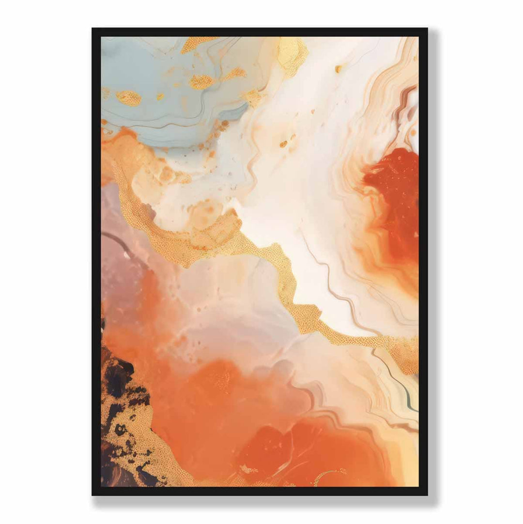 Abstrakt maleri, flytende kunsttrykk, oransje, grått og gull nr. 5