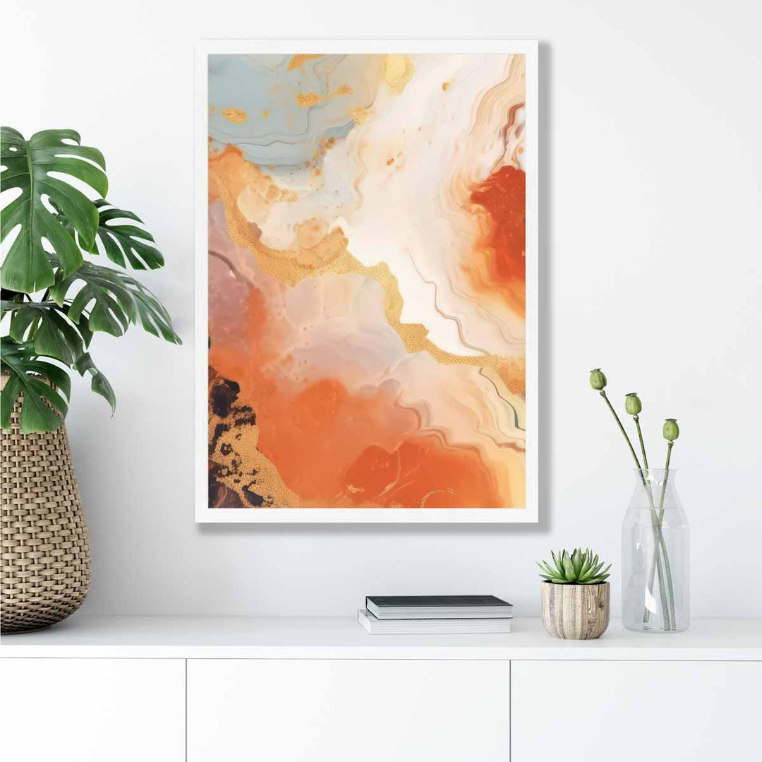 Abstrakt maleri, flytende kunsttrykk, oransje, grått og gull nr. 5