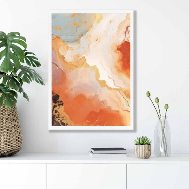 Abstrakt maleri, flytende kunsttrykk, oransje, grått og gull nr. 5