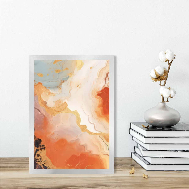 Abstrakt maleri, flytende kunsttrykk, oransje, grått og gull nr. 5