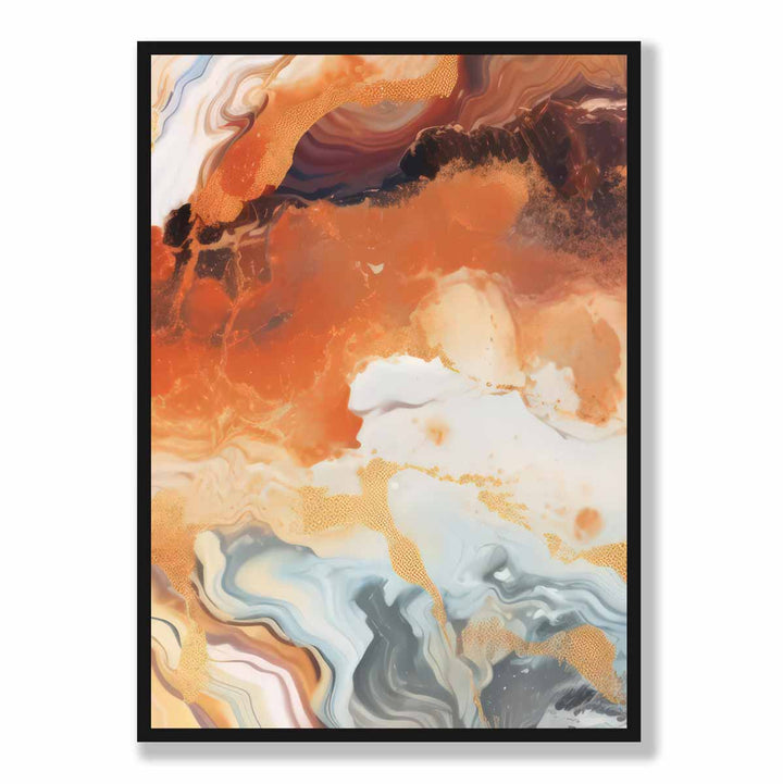 Abstrakt maleri, flytende kunsttrykk, oransje, grått og gull nr. 6