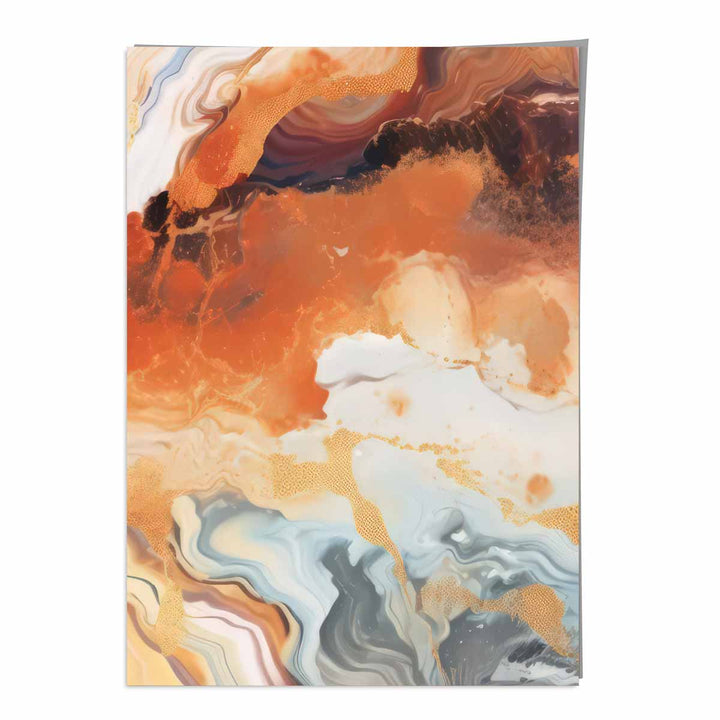 Abstrakt maleri, flytende kunsttrykk, oransje, grått og gull nr. 6