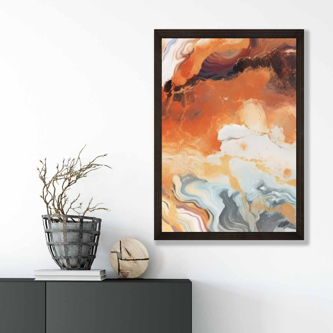 Abstrakt maleri, flytende kunsttrykk, oransje, grått og gull nr. 6