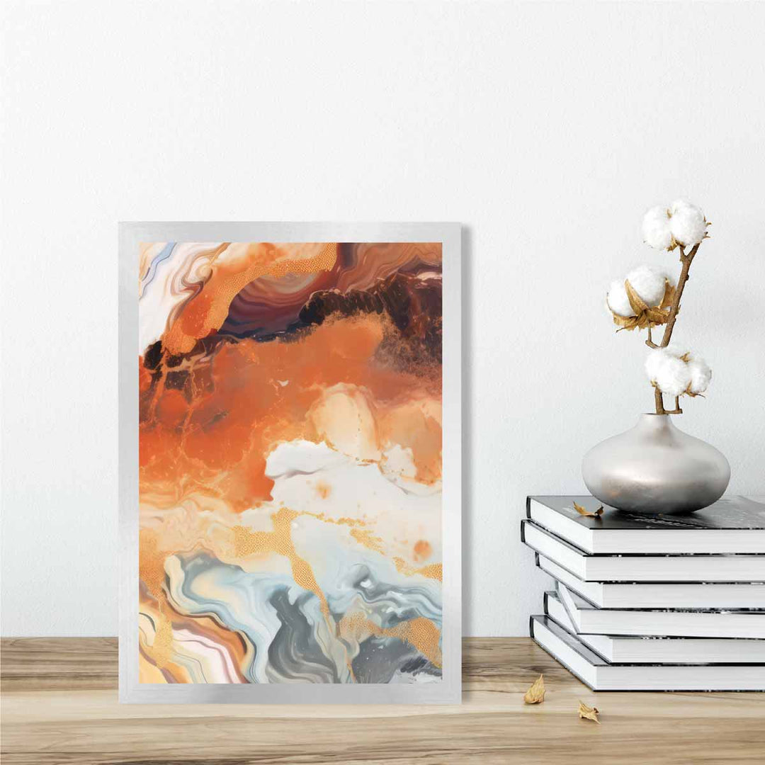 Abstrakt maleri, flytende kunsttrykk, oransje, grått og gull nr. 6