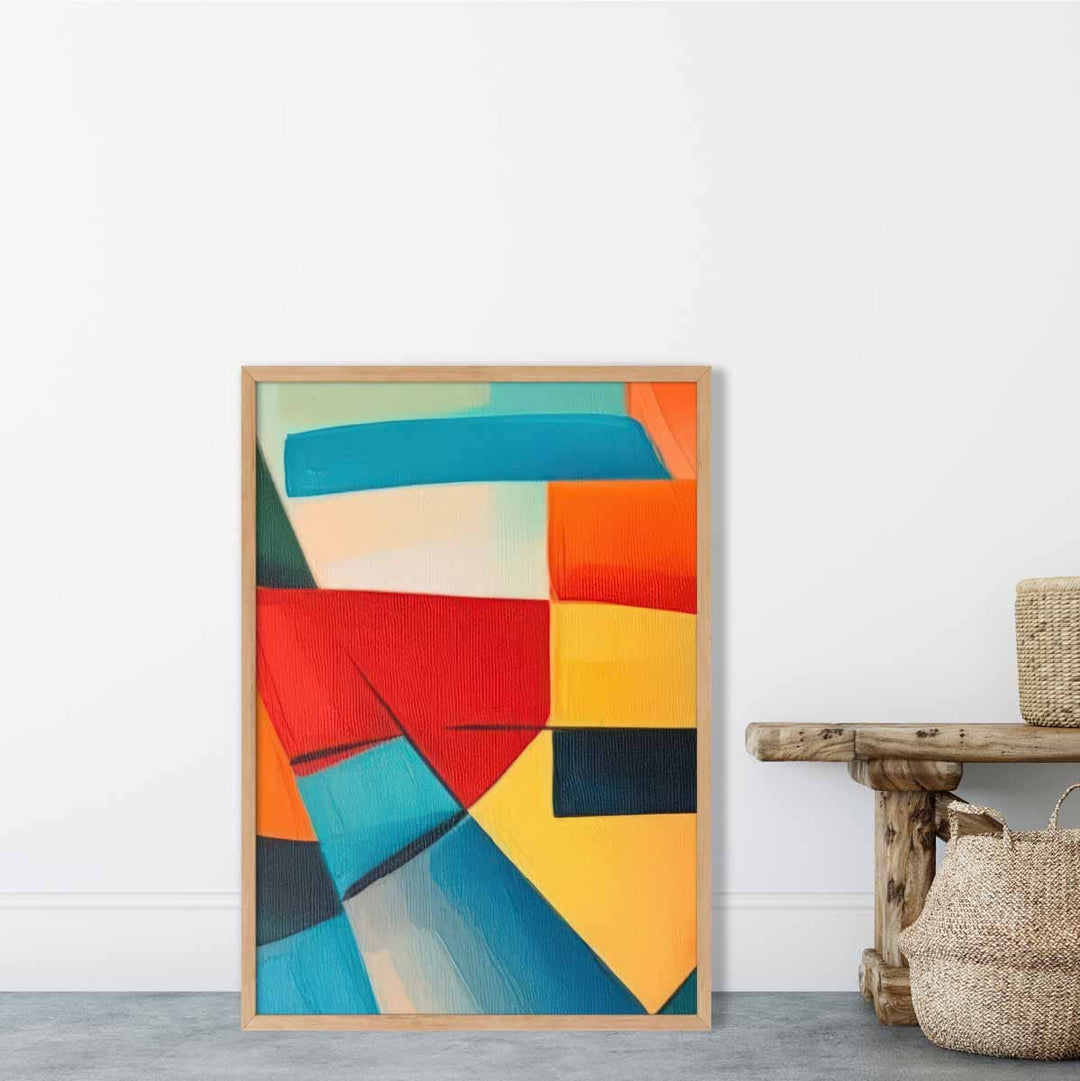 Abstrakt maleri, fargede former, kunsttrykk, blå, rød og gul nr. 4