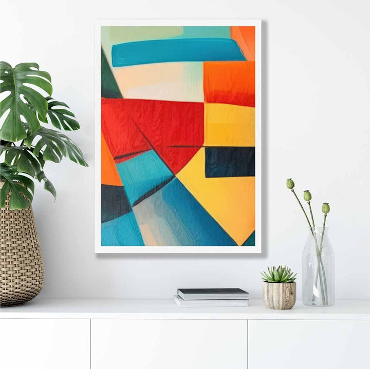Abstrakt maleri, fargede former, kunsttrykk, blå, rød og gul nr. 4