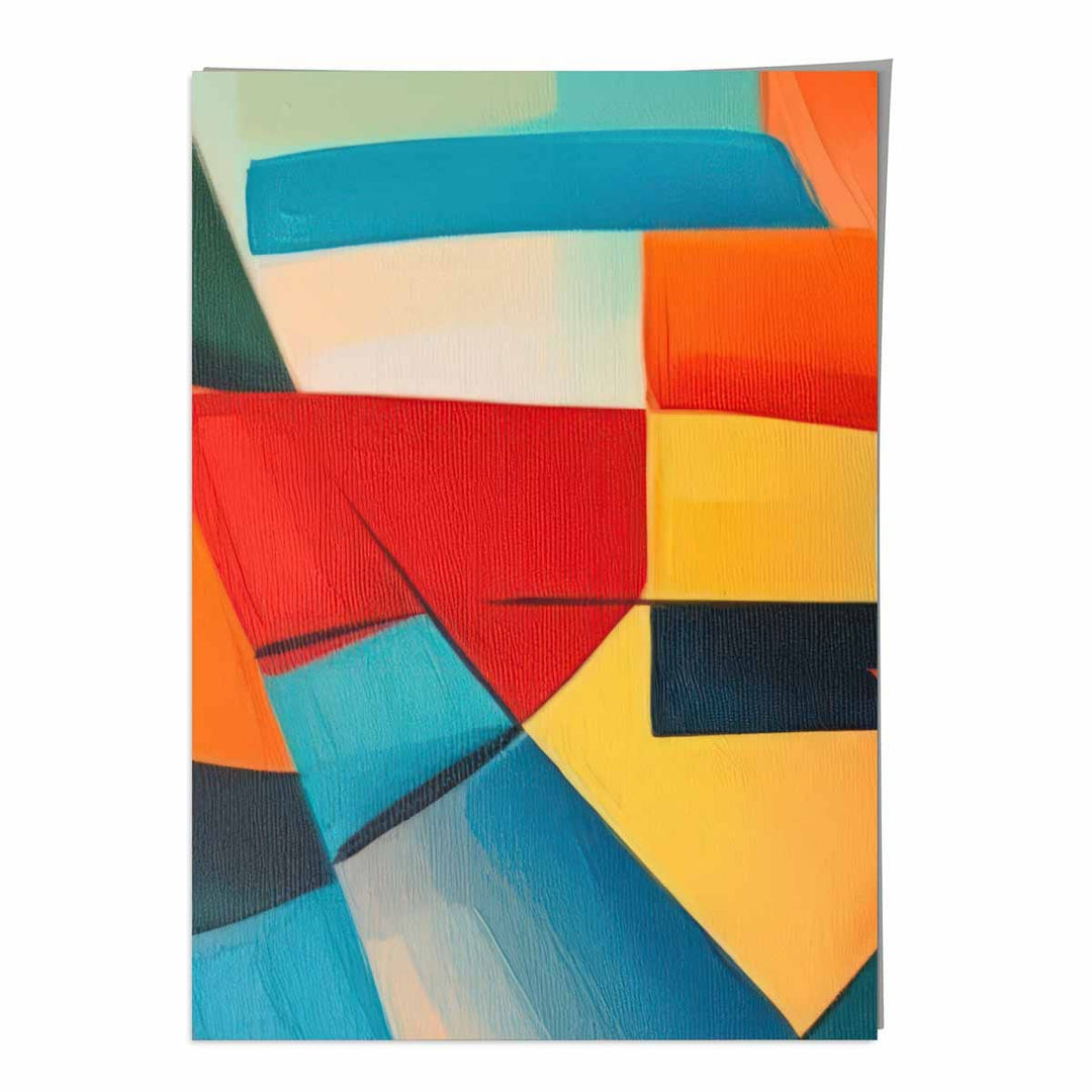 Abstrakt maleri, fargede former, kunsttrykk, blå, rød og gul nr. 4