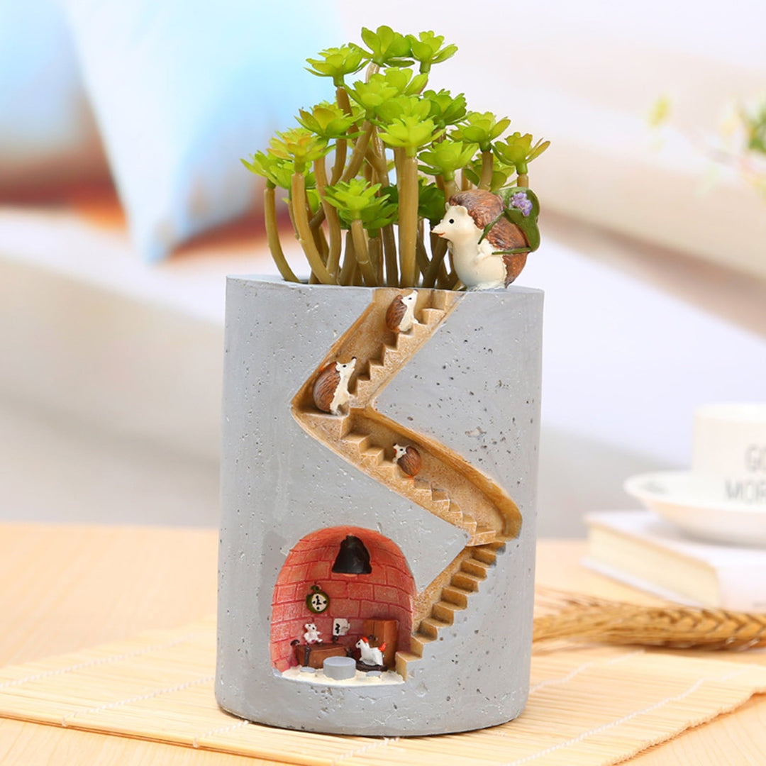 Skanto | Decorative plant pot with hedgehog and rabbit miniature – Creative staircase design for plants