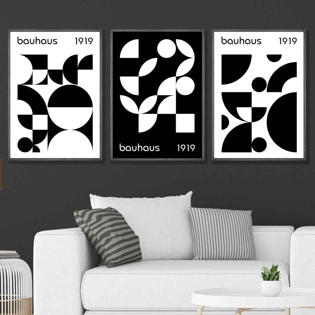 Grafisk, svart-hvitt, geometrisk veggkunst i Bauhaus-stil, sett med 3