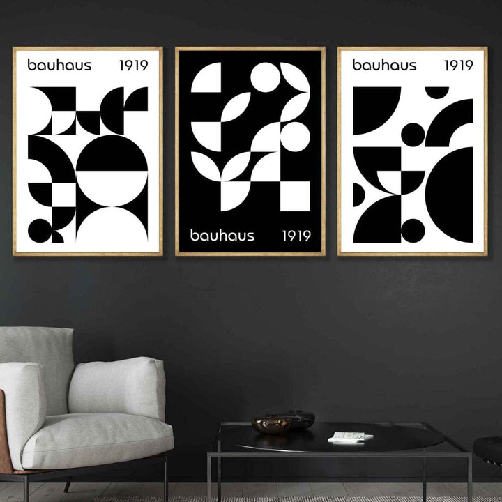 Grafisk, svart-hvitt, geometrisk veggkunst i Bauhaus-stil, sett med 3