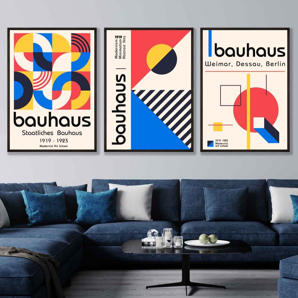 Bauhaus-mønster, rødt, blått og gult, geometrisk design, 3-delt sett med innrammede kunsttrykk
