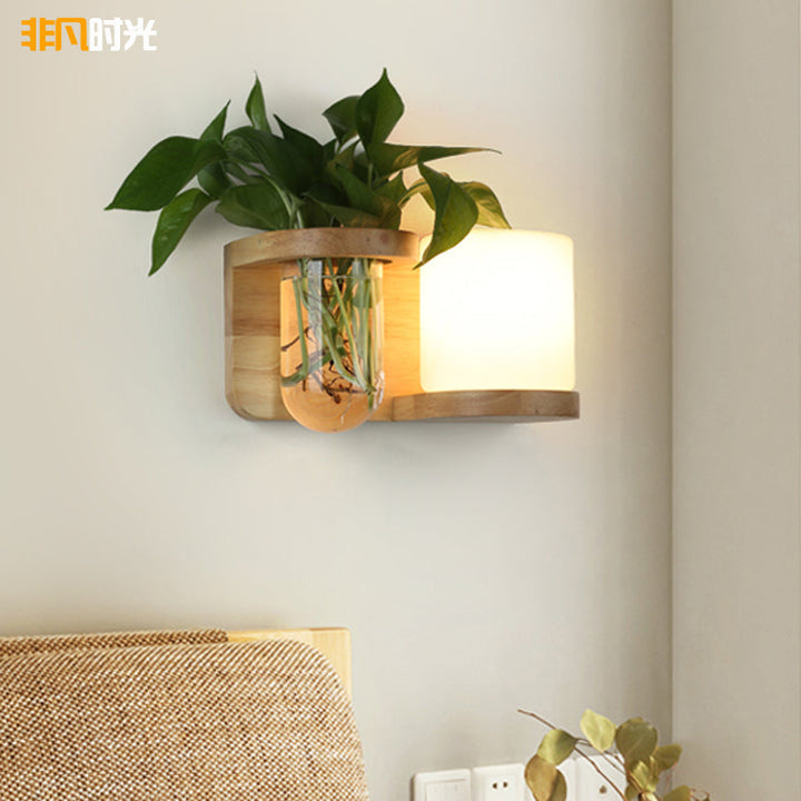 Krem Glass Cube Sconce Lampe Art Deco 1-pære Tre Veggmontert Lys med Hydrokponisk Plantekrukke | Skanto