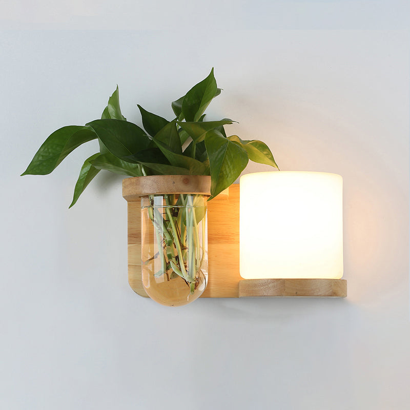 Krem Glass Cube Sconce Lampe Art Deco 1-pære Tre Veggmontert Lys med Hydrokponisk Plantekrukke | Skanto