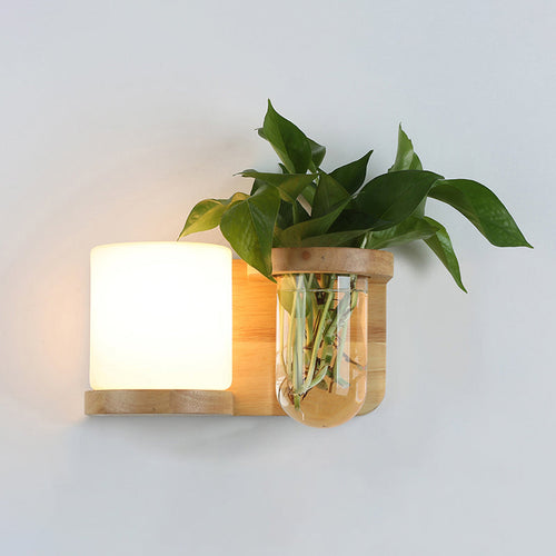 Krem Glass Cube Sconce Lampe Art Deco 1-pære Tre Veggmontert Lys med Hydrokponisk Plantekrukke | Skanto