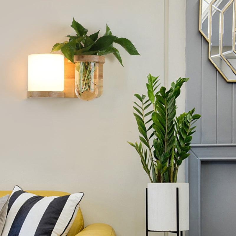 Krem Glass Cube Sconce Lampe Art Deco 1-pære Tre Veggmontert Lys med Hydrokponisk Plantekrukke | Skanto
