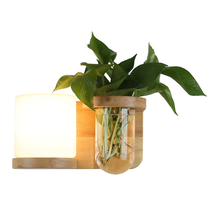 Krem Glass Cube Sconce Lampe Art Deco 1-pære Tre Veggmontert Lys med Hydrokponisk Plantekrukke | Skanto