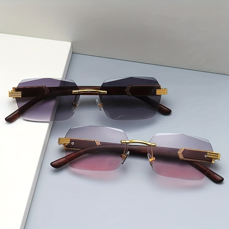 Rimless sunglasses with rectangular lenses and faux wood temples – Verro | Skanto