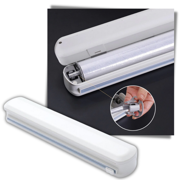 Dispenser og kutter for plastfolie