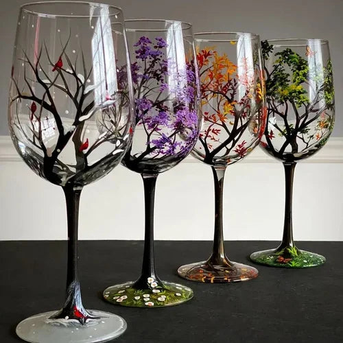 Norvo | Four Seasons Tree Vin Glass - Håndmalt Kunst