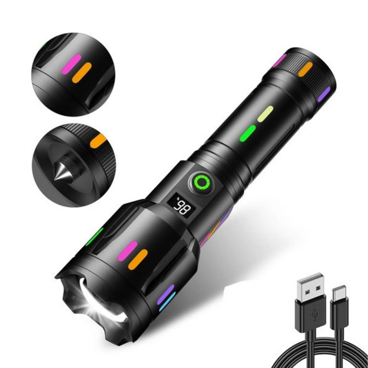 Skanto | LED-lommelykt med strømmåler – Oppladbar høyytelses lommelykt med glassknuser og USB-C