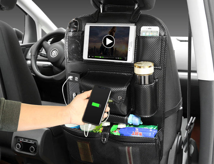 Skanto | Multifunksjonell Bilstolback Stor Kapasitet Lagringspose med 4 USB Ladeporter, Utrekkbar Brett, Tablettholder, Tissue Oppbevaring, Drikkeholder, Stor Lagringspose og Mer