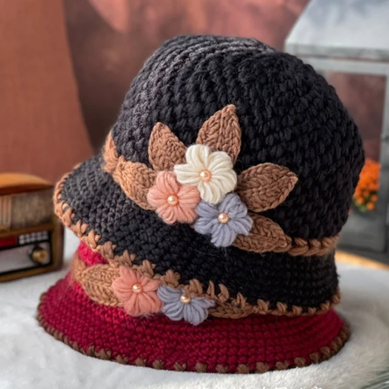 Skanto | Fransk Tykk Kvinne Blomster Strikk Ullhatt
