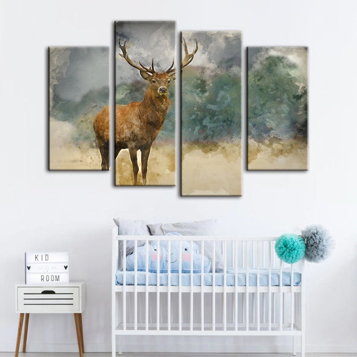 4-delt Aquarell Ebenholz Hjort - Lærred Veggkunstmaleri | Skanto