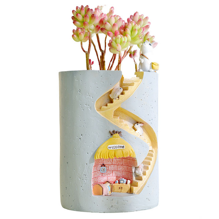 Skanto | Decorative plant pot with hedgehog and rabbit miniature – Creative staircase design for plants
