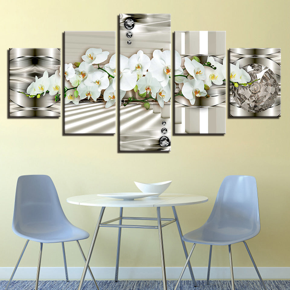 5 stk Hvit Metallic Bakgrunn Blomst - Lerret Veggkunst Maleri | Skanto