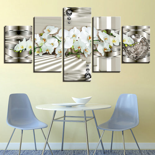 5 stk Hvit Metallic Bakgrunn Blomst - Lerret Veggkunst Maleri | Skanto