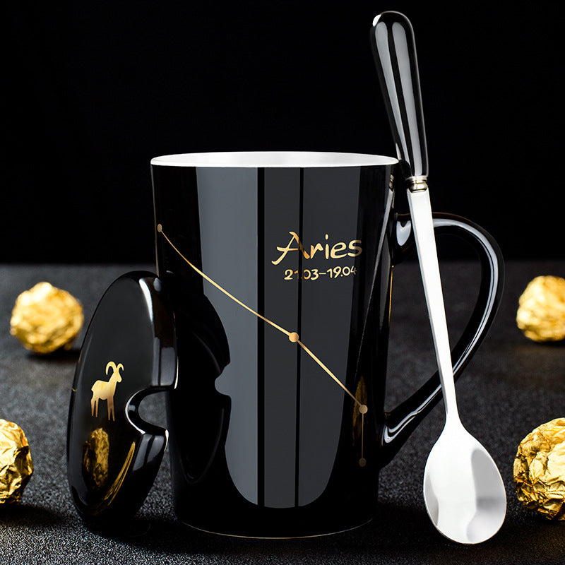 Skanto | 12 Zodiac Black Ceramic Mug with Lid and Spoon