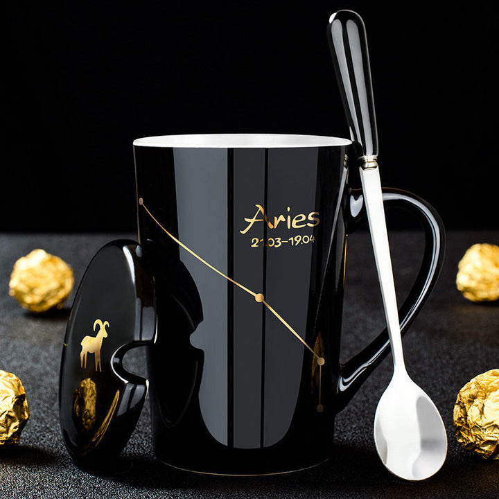 Skanto | 12 Zodiac Black Ceramic Mug with Lid and Spoon