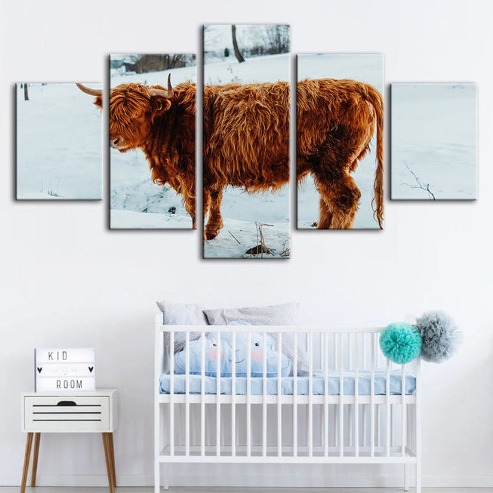 5-delt Curly Haired Cow - Lerret Veggkunst Maleri | Skanto