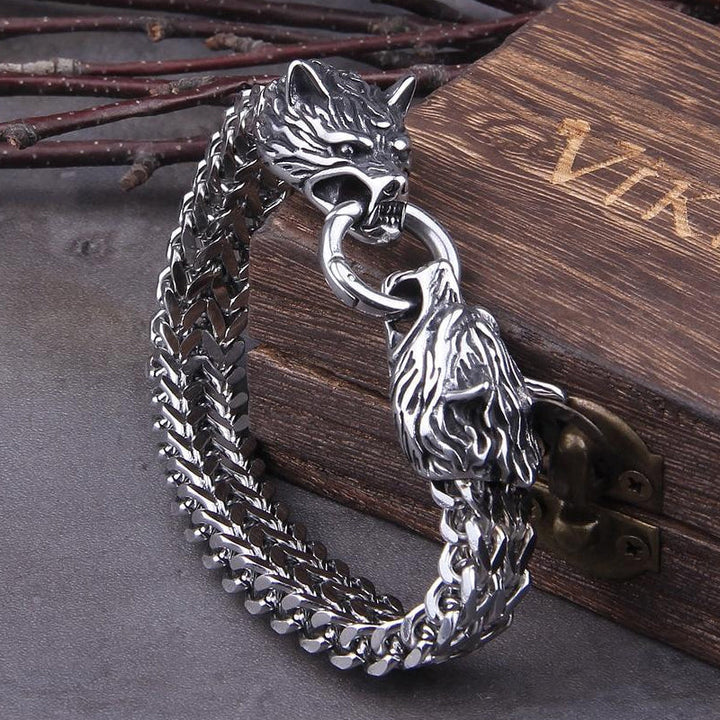 Skanto | Viking Rustfritt Stål Dobbel Ulvehode Fenris Armbånd