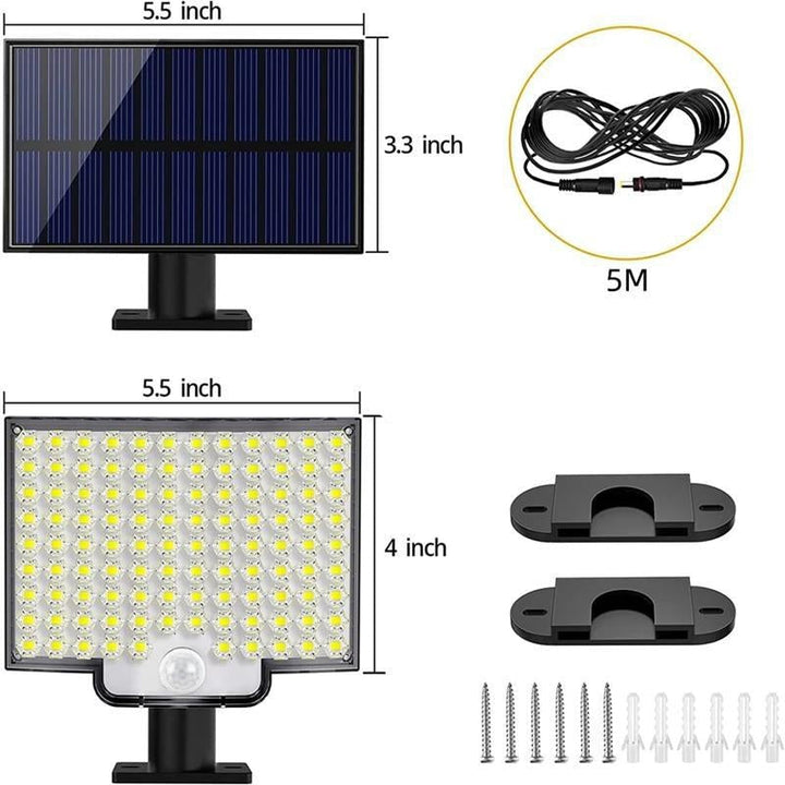 Skanto | 106 LED Utendørs Solenergi Sikkerhetslys med Bevegelsessensor – Vanntett Vegglampe for Hage, Innkjørsel & Patio