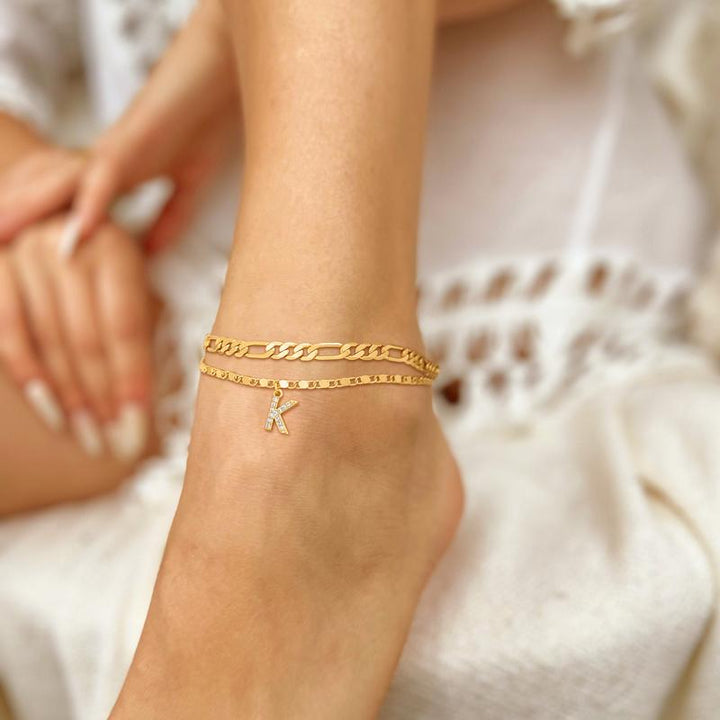 Skanto | 2pc 14k Diamant Bokstav Initial Ankelarmbånd
