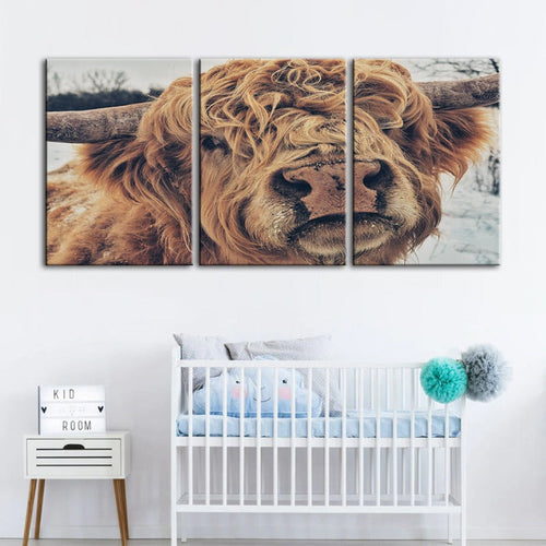 Close Up Brun Kuh-Canvas Veggkunst Maleri 3 Stykker | Skanto