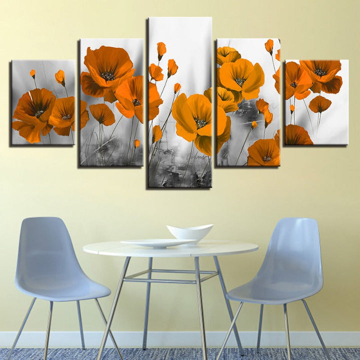 5 stk. orange blomster - lerret veggkunst maleri | Skanto