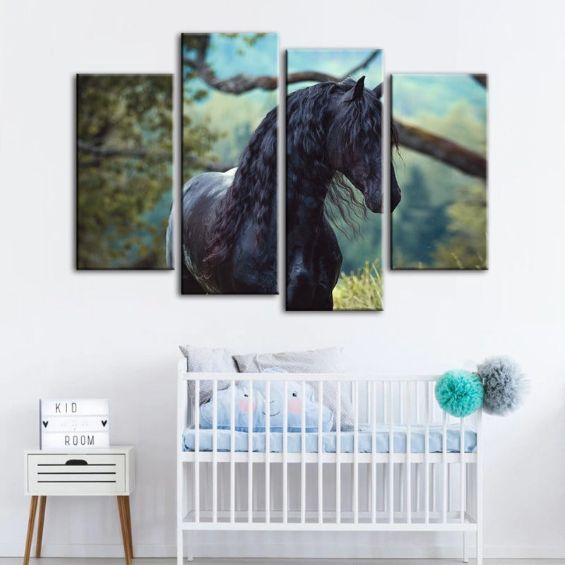 4 Piece Black Horse in Forest Canvas Wall Art Painting | Skanto