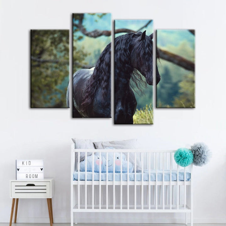 4 Piece Black Horse in Forest Canvas Wall Art Painting | Skanto