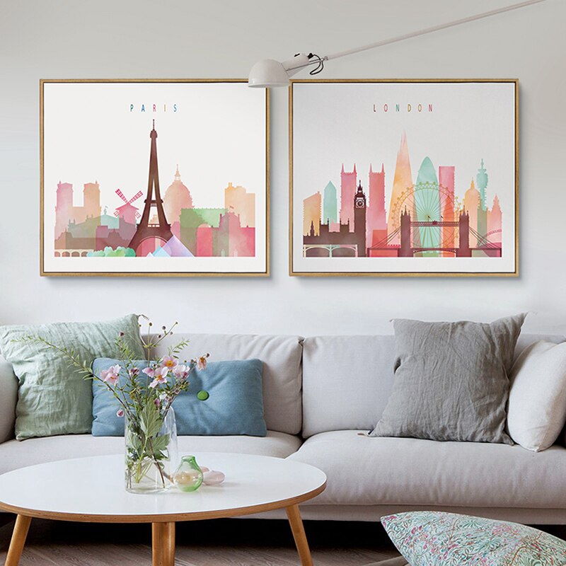 Akvarellmaleri London, New York, Paris – Lerretsbilde