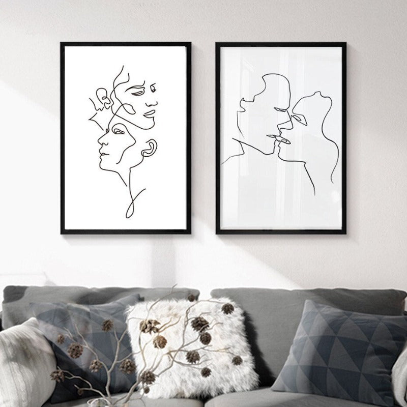 Abstract Love Kiss Svart og Hvit Linjer Plakat - Lerret Vegkunst Maleri | Skanto