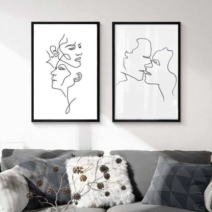 Abstract Love Kiss Svart og Hvit Linjer Plakat - Lerret Vegkunst Maleri | Skanto