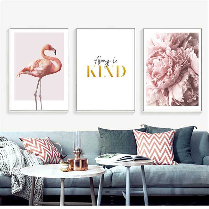 Moderne lerretbilde med rosa flamingoer og pærer