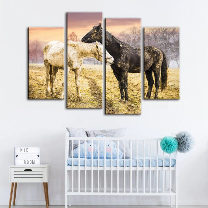 4-Piece Black & White Horses Canvas Wall Art Painting | Skanto