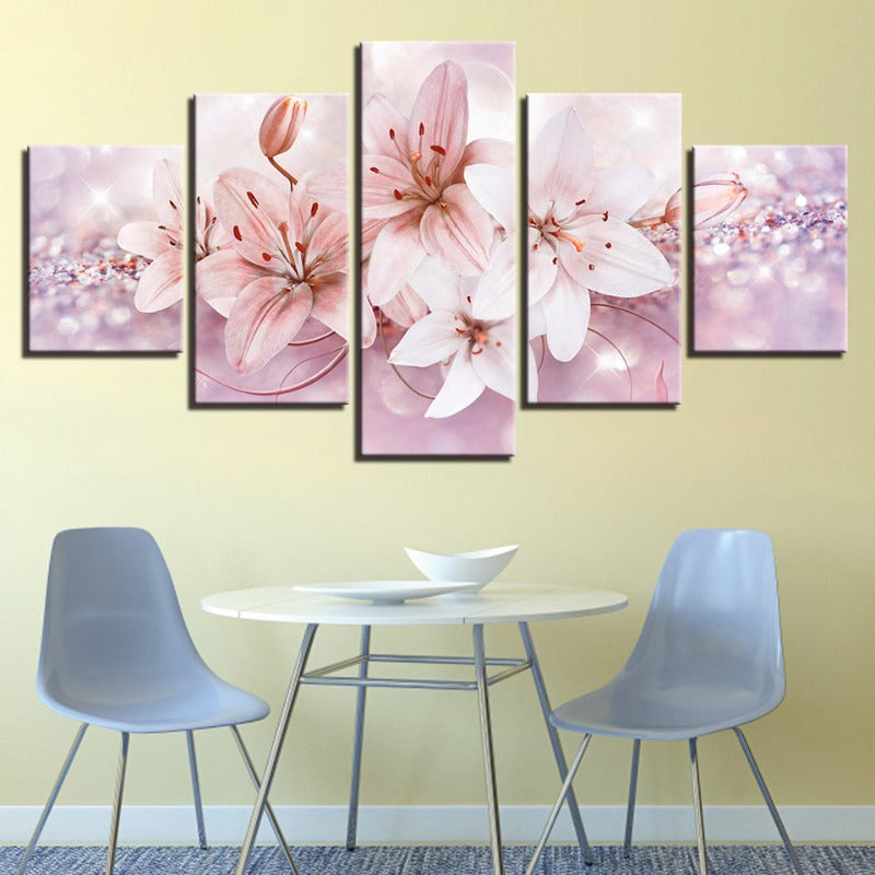 5-delt Rød- og Hvit Ombre Blomster - Lerret Veggkunst Maleri | Skanto