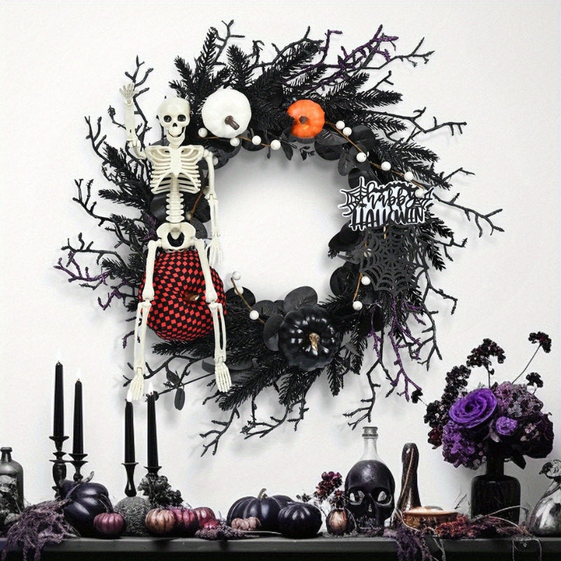 Skanto | Halloween Dørkrans med Skjelett og Gresskar – Stemningsfull Sesongdekorasjon