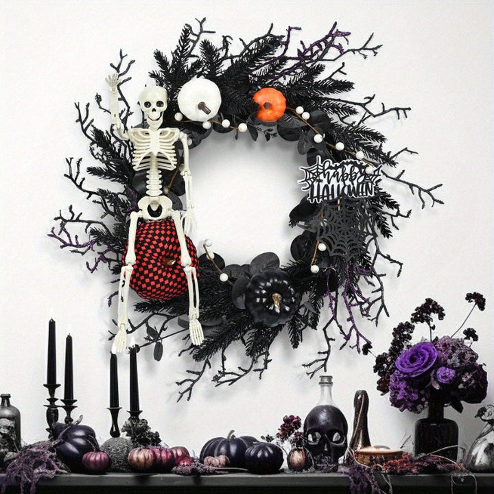 Skanto | Halloween Dørkrans med Skjelett og Gresskar – Stemningsfull Sesongdekorasjon