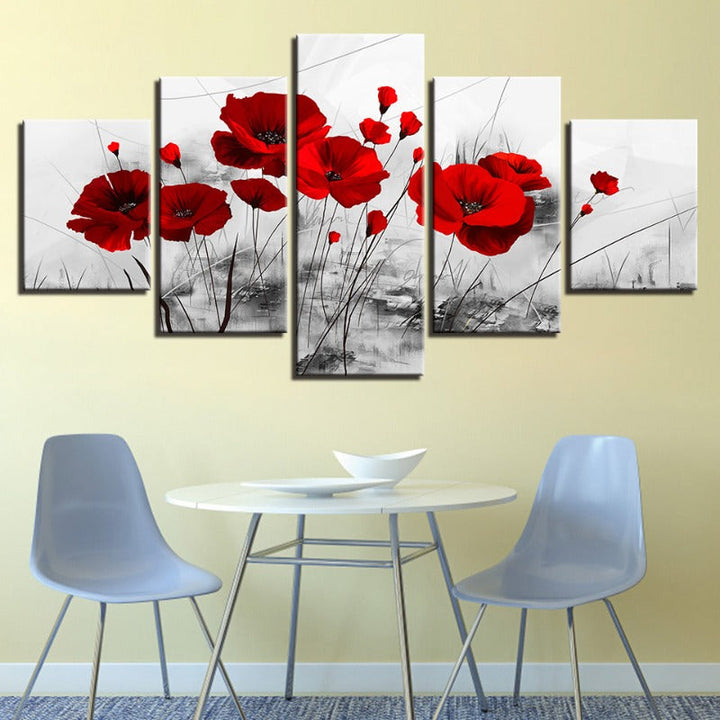 5-delt veggmaleri med rød blomst på hvit bakgrunn - lerretskunst | Skanto