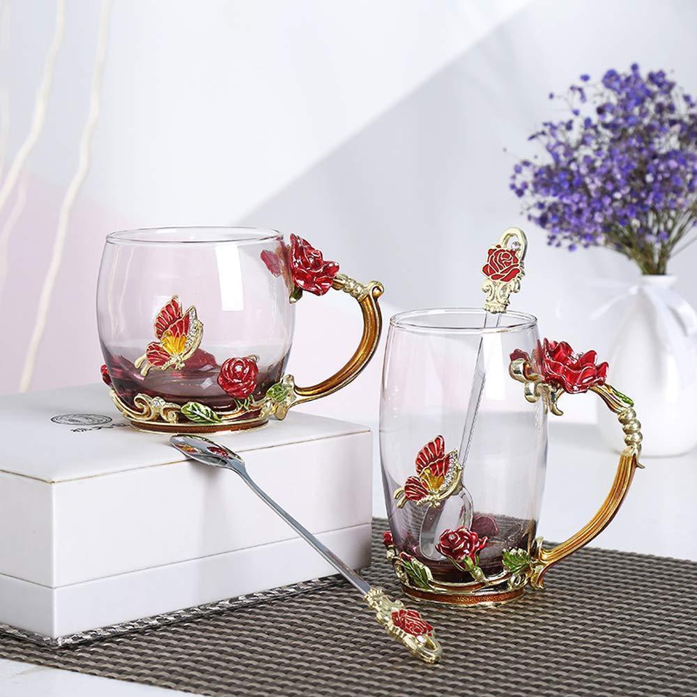 Emalje Rose Glass Tekopp Sett (Med Skje) | Skanto